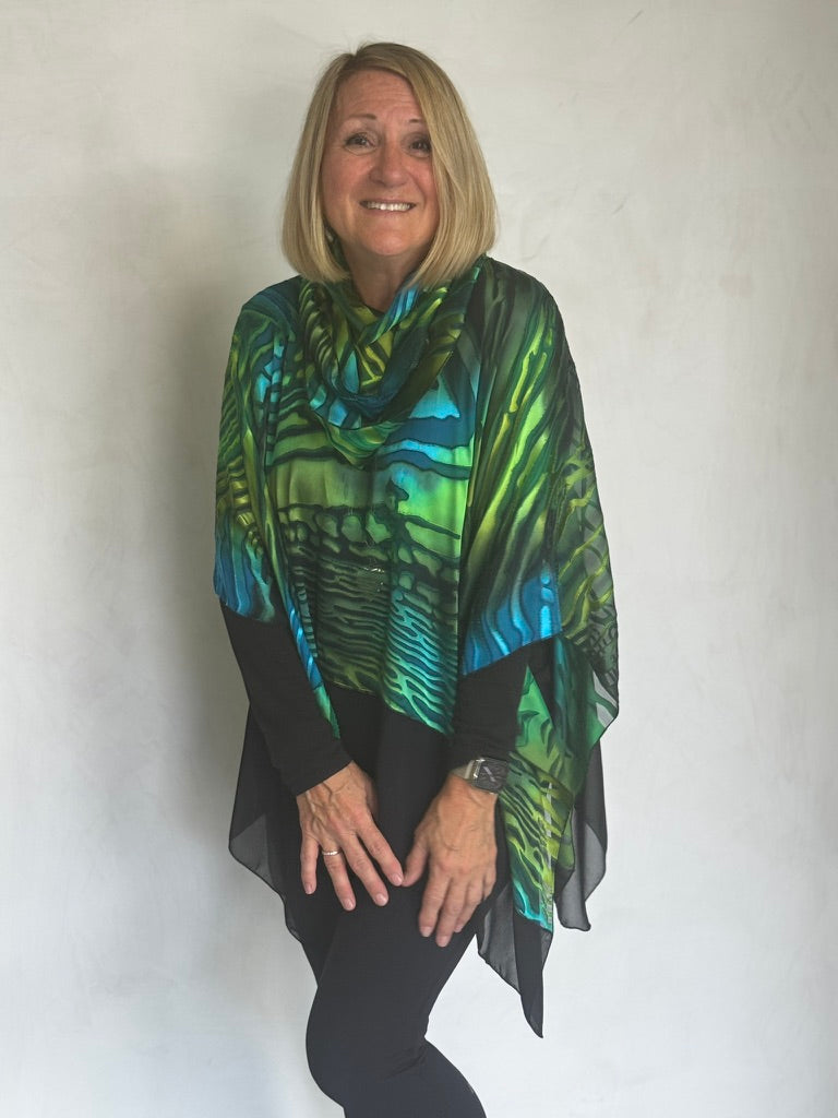SILK PONCHO WITH SCARF AND TRIM - POS00014