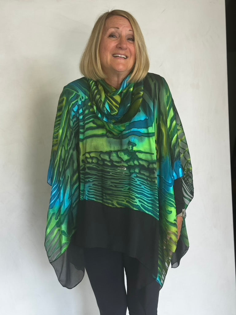 SILK PONCHO WITH SCARF AND TRIM - POS00014