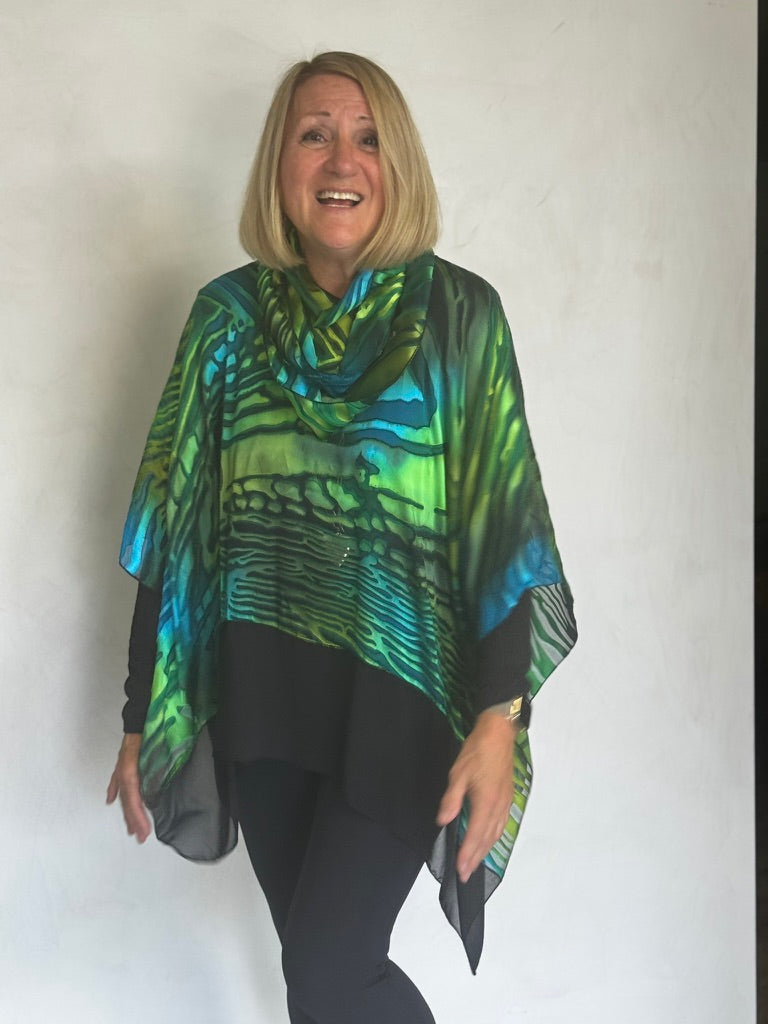 SILK PONCHO WITH SCARF AND TRIM - POS00014