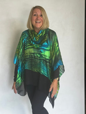 SILK PONCHO WITH SCARF AND TRIM - POS00014