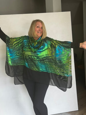 SILK PONCHO WITH SCARF AND TRIM - POS00014