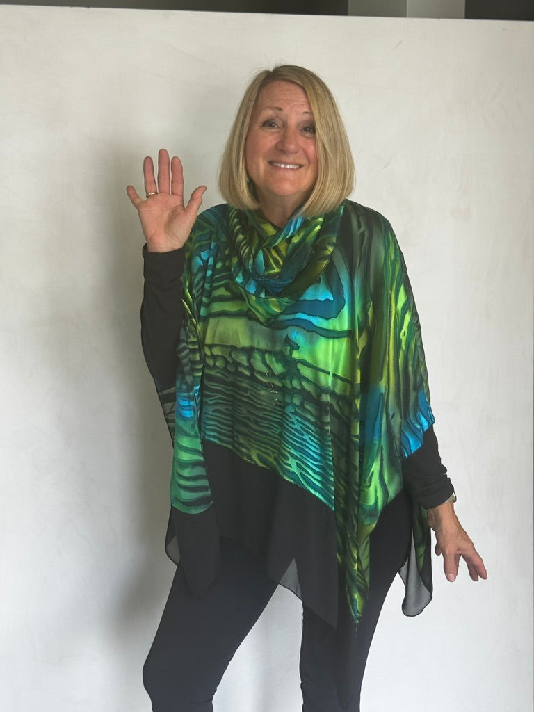SILK PONCHO WITH SCARF AND TRIM - POS00014