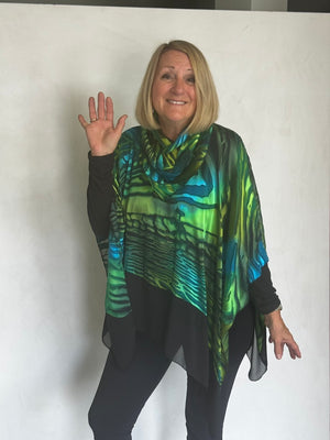 SILK PONCHO WITH SCARF AND TRIM - POS00014
