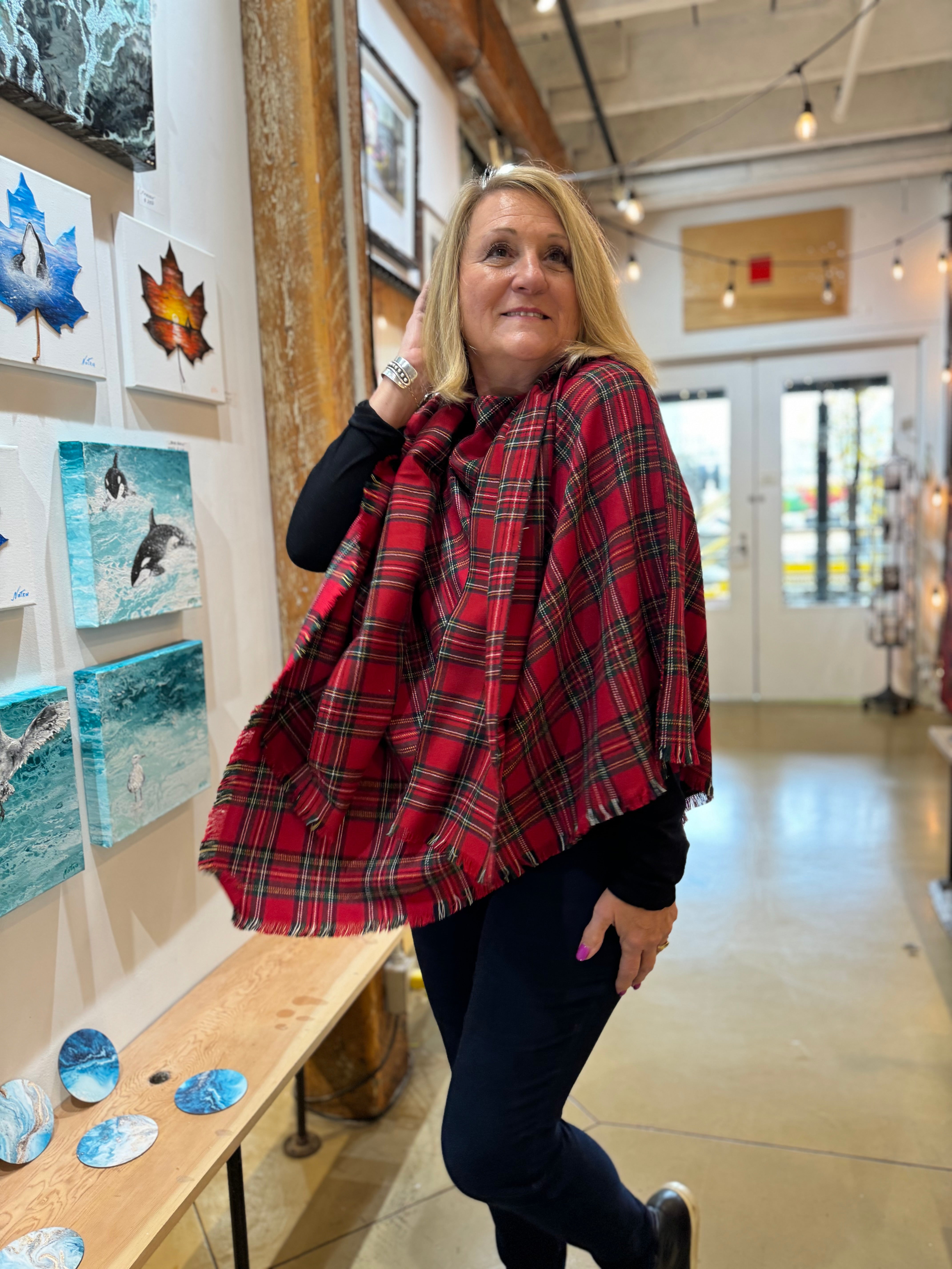 Red Wool Poncho with scarf - POW653