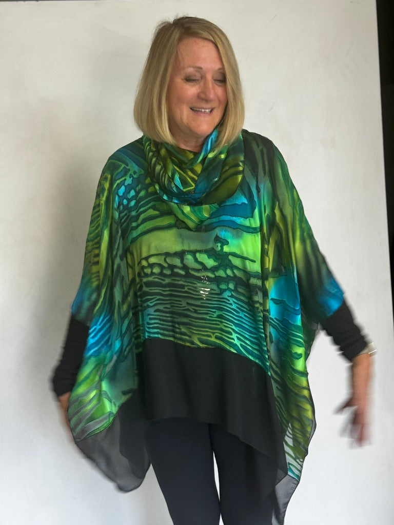 SILK PONCHO WITH SCARF AND TRIM - POS00014