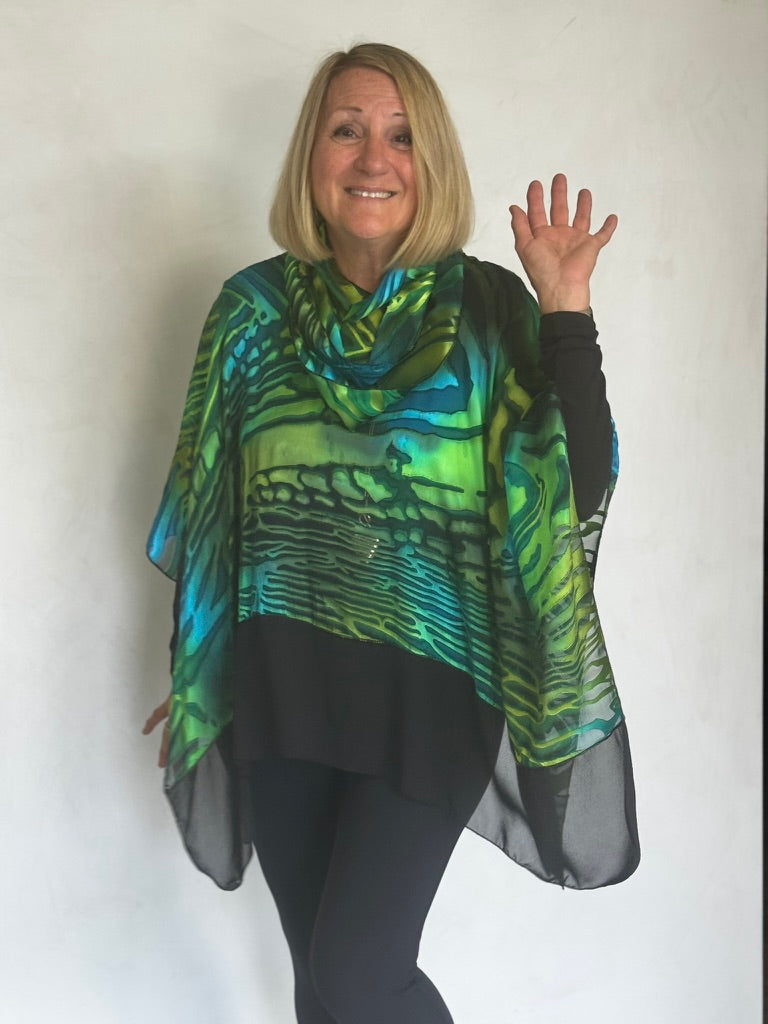 SILK PONCHO WITH SCARF AND TRIM - POS00014